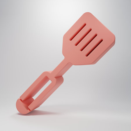 Pink Spatula icon isolated on pink background. Kitchen spatula icon. BBQ spatula sign. Barbecue and grill tool. Minimalism concept. 3D render illustration.の写真素材