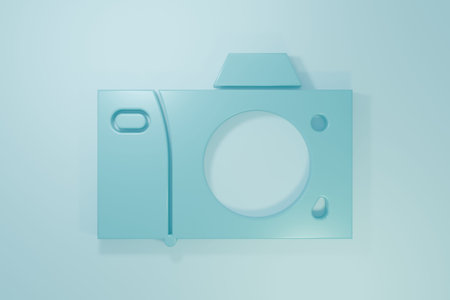 Blue Photo camera icon isolated on blue background. Photo camera icon. Minimalism concept. 3D render...