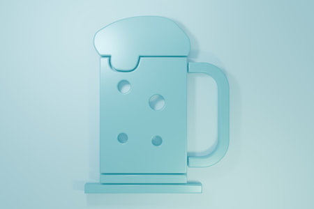 Blue Wooden beer mug icon isolated on blue background. Minimalism concept. 3D render illustration.の写真素材