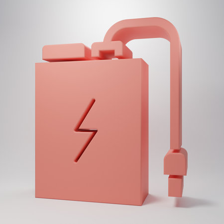 Pink Power bank with different charge cable icon isolated on pink background. Portable charging device. Minimalism concept. 3D render illustration.の写真素材