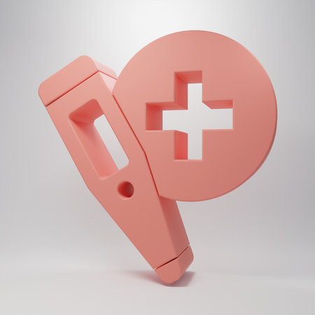 Pink Medical digital thermometer for medical examination icon isolated on pink background. Minimalism concept. 3D render illustration.の写真素材
