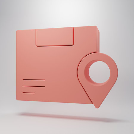 Pink Location with cardboard box icon isolated on pink background. Delivery services, logistics and transportation, distribution. Minimalism concept. 3D render illustration.の写真素材