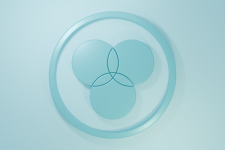 Blue RGB and CMYK color mixing icon isolated on blue background. Minimalism concept. 3D render illustration.の写真素材