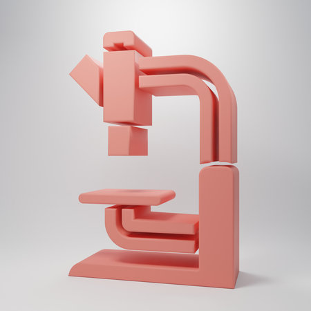 Pink Microscope icon isolated on pink background. Chemistry, pharmaceutical instrument, microbiology magnifying tool. Minimalism concept. 3D render illustration.の写真素材