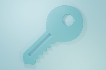 Blue Key icon isolated on blue background. Minimalism concept. 3D render illustration.の写真素材