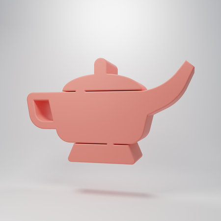 Pink Magic lamp or Aladdin lamp icon isolated on pink background. Spiritual lamp for wish. Minimalism concept. 3D render illustration.の写真素材