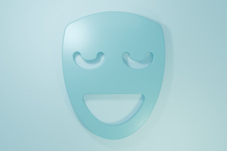 Blue Comedy theatrical mask icon isolated on blue background. Minimalism concept. 3D render illustration.の写真素材