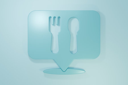 Blue Cafe and restaurant location icon isolated on blue background. Fork and spoon eatery sign inside pinpoint. Minimalism concept. 3D render illustration..の写真素材