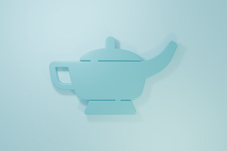 Blue Magic lamp or Aladdin lamp icon isolated on blue background. Spiritual lamp for wish. Minimalism concept. 3D render illustration.の写真素材