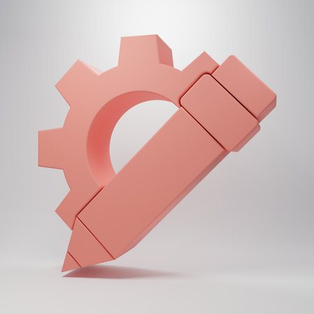Pink Pencil and gear icon isolated on pink background. Creative development. Blogging or copywriting concept. Minimalism concept. 3D render illustration.の写真素材