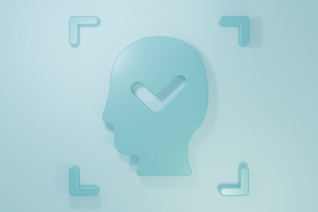 Blue Face recognition with check mark icon isolated on blue background. Face identification scanner...