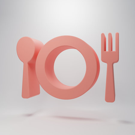 Pink Plate, fork and knife icon isolated on pink background. Cutlery symbol. Restaurant sign. Minimalism concept. 3D render illustration.の写真素材