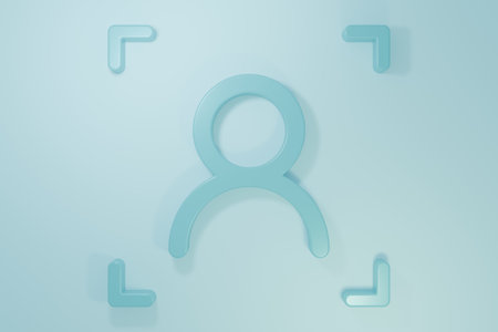 Blue Face recognition icon isolated on blue background. Face identification scanner icon. Facial id. Cyber security concept. Minimalism concept. 3D render illustration.の写真素材