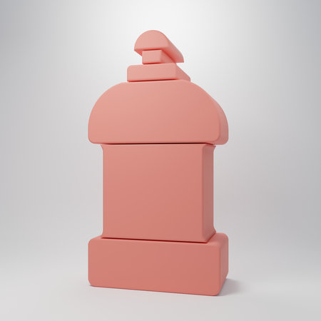 Pink Plastic bottle for laundry detergent, bleach, dishwashing liquid or another cleaning agent icon isolated on pink background. Minimalism concept. 3D render illustration.の写真素材