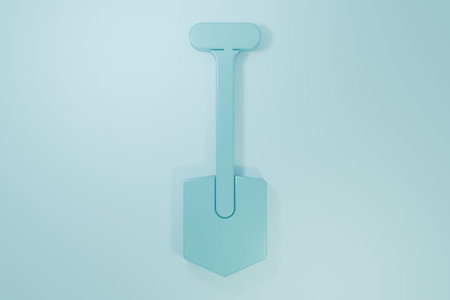 Blue Shovel icon isolated on blue background. Gardening tool. Tool for horticulture, agriculture, farming. Minimalism concept. 3D render illustration.の写真素材