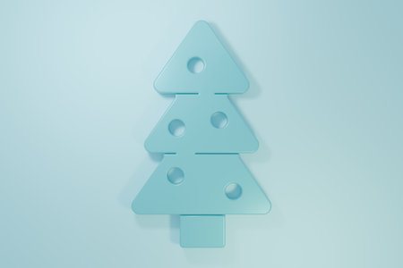 Blue Christmas tree with decorations icon isolated on blue background. Merry Christmas and Happy New Year. Minimalism concept. 3D render illustration.の写真素材