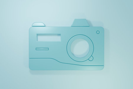 Blue Photo camera icon isolated on blue background. Photo camera icon. Minimalism concept. 3D render illustration.の写真素材