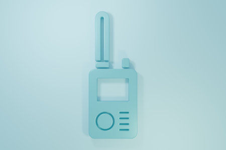 Blue Walkie talkie icon isolated on blue background. Portable radio transmitter icon. Radio transceiver sign. Minimalism concept. 3D render illustration.の写真素材