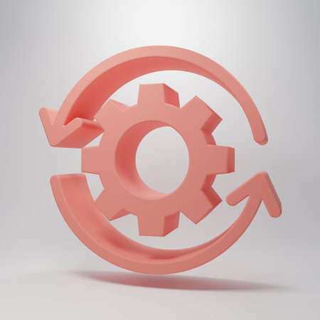 Pink Gear and arrows as workflow concept icon isolated on pink background. Gear reload sign. Minimalism concept. 3D render illustration.の写真素材