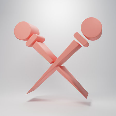 Pink Knitting needles icon isolated on pink background. Label for hand made, knitting or tailor shop. Minimalism concept. 3D render illustration.の写真素材