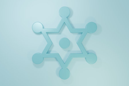 Blue Hexagram sheriff icon isolated on blue background. Police badge icon. Minimalism concept. 3D render illustration.の写真素材