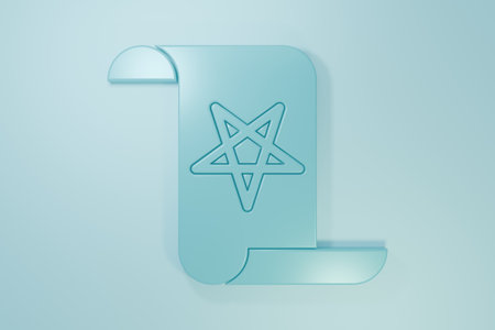 Blue Ancient magic book with alchemy recipes and mystic spells icon isolated on blue background. Minimalism concept. 3D render illustration.の写真素材