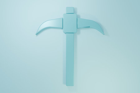 Blue Pickaxe icon isolated on blue background. Minimalism concept. 3D render illustration.の写真素材