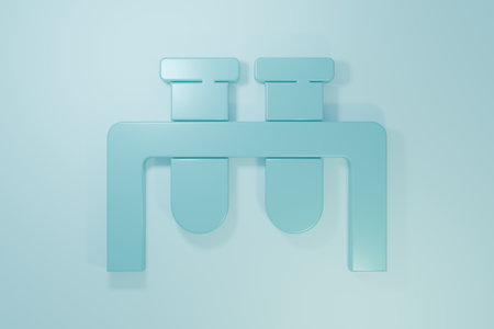 Blue Test tube and flask chemical laboratory test icon isolated on blue background. Laboratory glassware sign. Minimalism concept. 3D render illustration.の写真素材