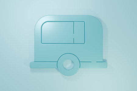Blue Rv Camping trailer icon isolated on blue background. Travel mobile home, caravan, home camper for travel. Minimalism concept. 3D render illustration.の写真素材