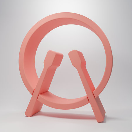 Pink Musical instrument drum and drum sticks icon isolated on pink background. Minimalism concept. 3D render illustration.の写真素材