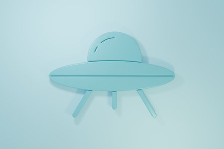 Blue UFO flying spaceship icon isolated on blue background. Flying saucer. Alien space ship. Futuristic unknown flying object. Minimalism concept. 3D render illustration.の写真素材