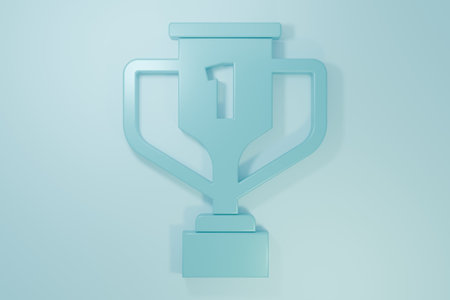 Blue Award cup with golf icon isolated on blue background. Winner trophy symbol. Championship or competition trophy. Sports achievement sign. Minimalism concept. 3D render illustration.の写真素材