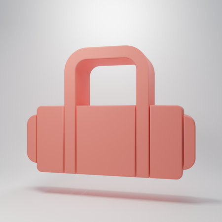 Pink Suitcase for travel icon isolated on pink background. Traveling baggage sign. Travel luggage icon. Minimalism concept. 3D render illustration.の写真素材