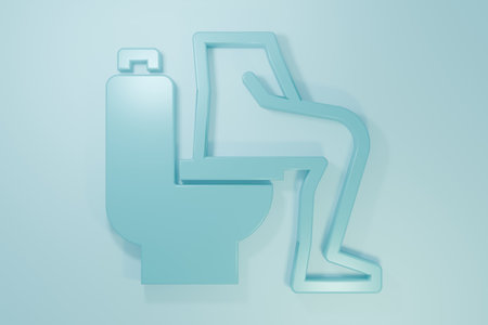 Blue Men sitting on the toilet and experiencing severe abdominal pain icon isolated on blue background. Minimalism concept. 3D render illustration.の写真素材