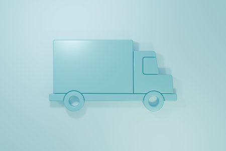 Blue Delivery cargo truck vehicle icon isolated on blue background. Minimalism concept. 3D render illustration.の写真素材