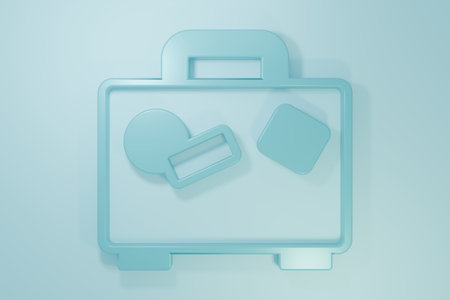 Blue Suitcase for travel icon isolated on blue background. Traveling baggage sign. Travel luggage icon. Minimalism concept. 3D render illustration.の写真素材