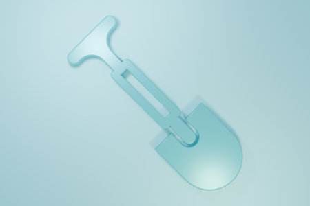 Blue Shovel icon isolated on blue background. Gardening tool. Tool for horticulture, agriculture, farming. Minimalism concept. 3D render illustration.の写真素材