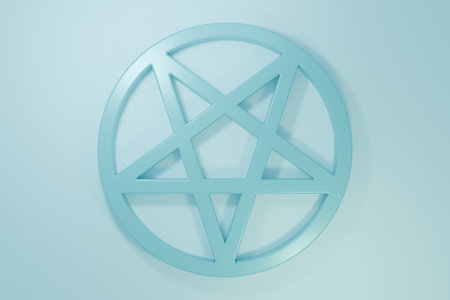 Blue Pentagram in a circle icon isolated on blue background. Magic occult star symbol. Minimalism concept. 3D render illustration.の写真素材