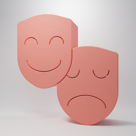 Pink Comedy and tragic theatrical masks icon isolated on pink background. Minimalism concept. 3D render illustration.の写真素材