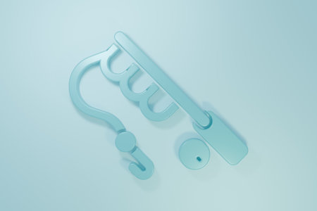Blue Fishing rod icon isolated on blue background. Fishing equipment and fish farming topics. Minimalism concept. 3D render illustration.の写真素材