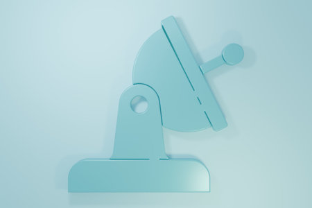 Blue Satellite dish icon isolated on blue background. Radio antenna, astronomy and space research. Minimalism concept. 3D render illustration.の写真素材