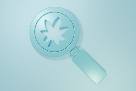 Blue Magnifying glass with leaf icon isolated on blue background. Scientific biology, study nature leaf. Minimalism concept. 3D render illustration.の写真素材