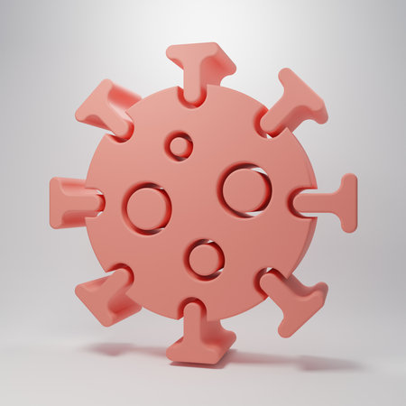 Pink Virus icon isolated on pink background. Corona virus 2019-nCoV. Bacteria and germs, cell cancer, microbe, fungi. Minimalism concept. 3D render illustration.の写真素材