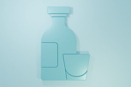 Blue Alcohol drink Rum bottle and glass icon isolated on blue background. Minimalism concept. 3D render illustration.の写真素材