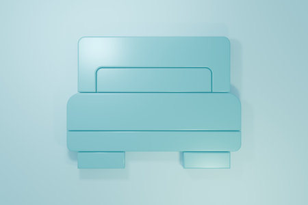 Blue Hotel room bed icon isolated on blue background. Minimalism concept. 3D render illustration.の写真素材