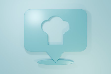 Blue Chef hat with location icon isolated on blue background. Cooking symbol. Cooks hat. Minimalism concept. 3D render illustration.の写真素材