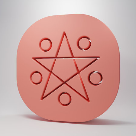 Pink Pentagram in a circle icon isolated on pink background. Magic occult star symbol. Minimalism concept. 3D render illustration.の写真素材