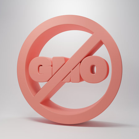 Pink No GMO icon isolated on pink background. Genetically modified organism acronym. DNA food modification. Minimalism concept. 3D render illustration.の写真素材