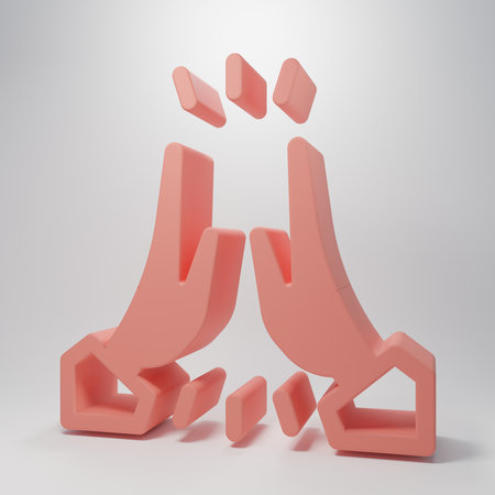 Pink Informal greeting icon isolated on pink background. Happy people giving high five. Minimalism concept. 3D render illustration.の写真素材