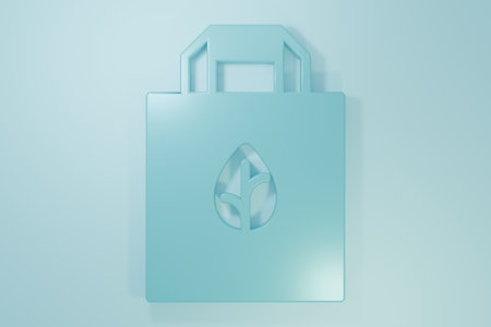 Blue Paper shopping bag with recycle icon isolated on blue background. Bag with recycling symbol. Minimalism concept. 3D render illustration.の写真素材